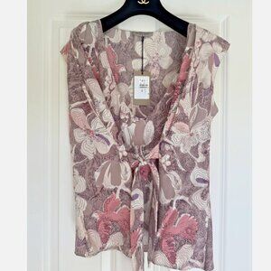 Bottega Veneta Silk Blouse Pink Floral Bird Sleeveless Size 40 Small-Medium